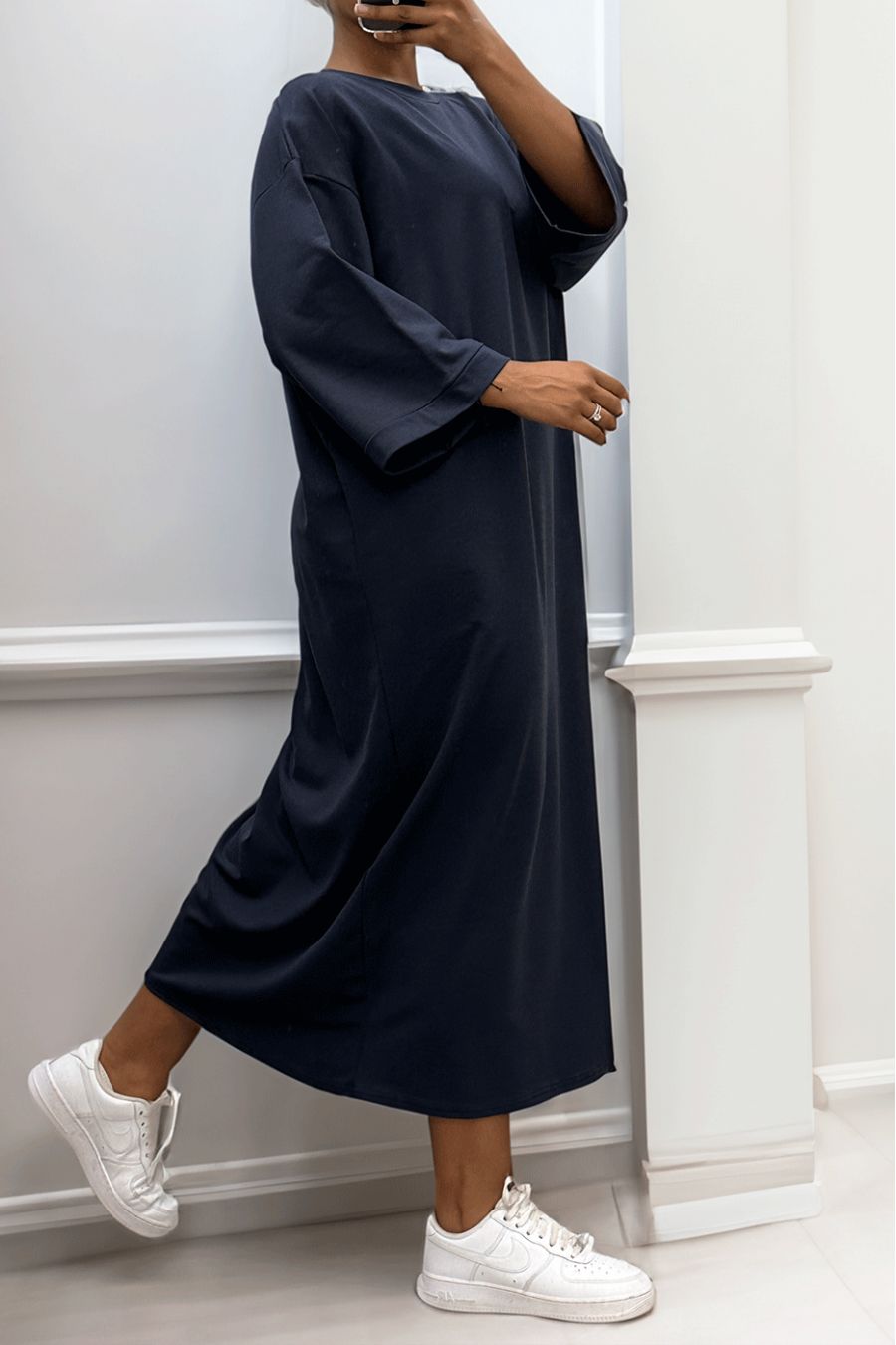 Long over size dress in very thick navy cotton - 2