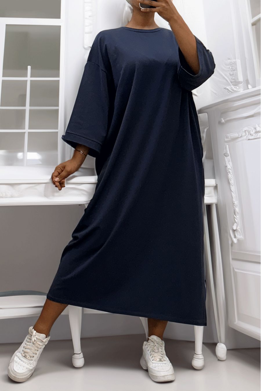 Long over size dress in very thick navy cotton - 4