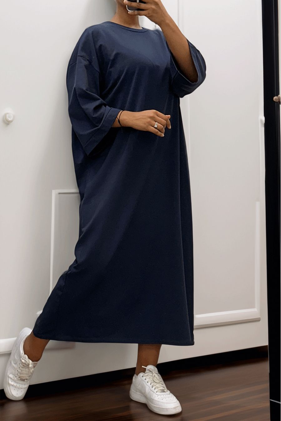 Long over size dress in very thick navy cotton - 5