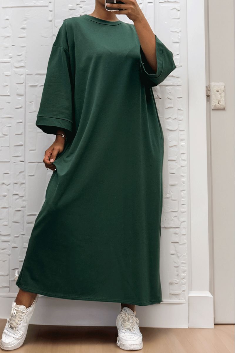Long over size dress in very thick green cotton - 5