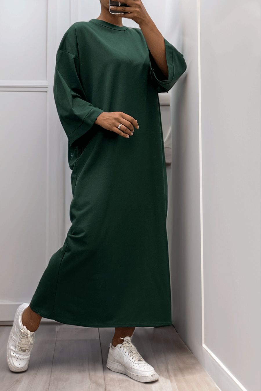 Long over size dress in very thick green cotton - 6