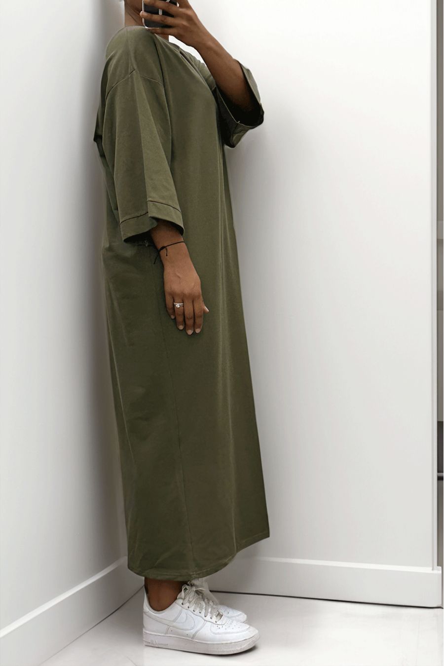 Longue robe over size en coton kaki très épais - 1