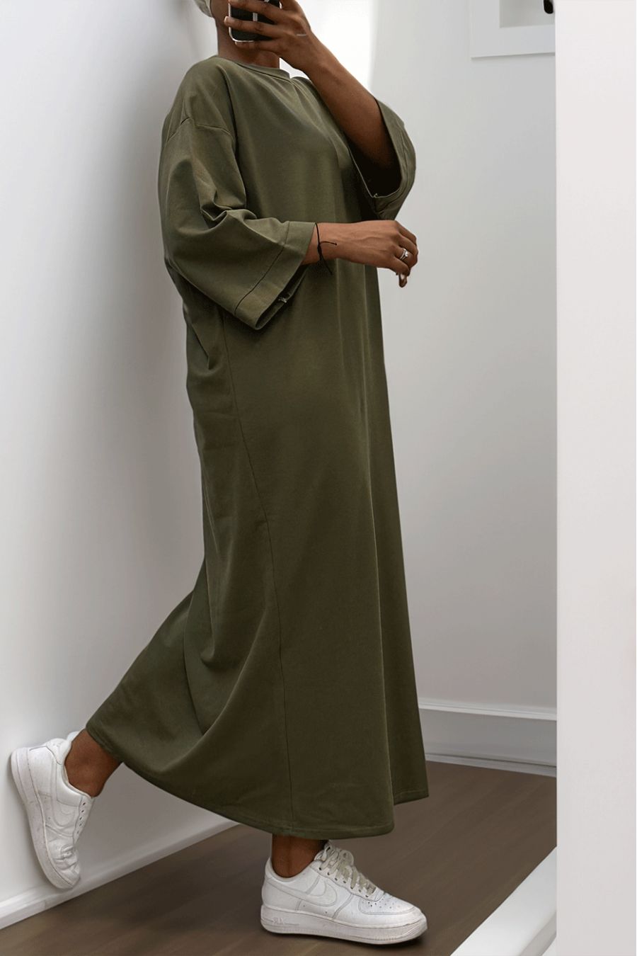 Long over size dress in very thick khaki cotton - 2