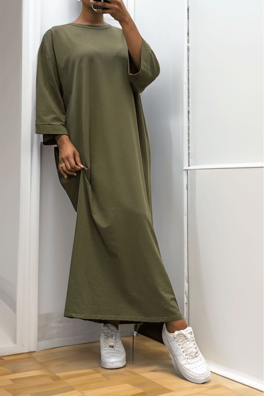 Longue robe over size en coton kaki très épais - 3