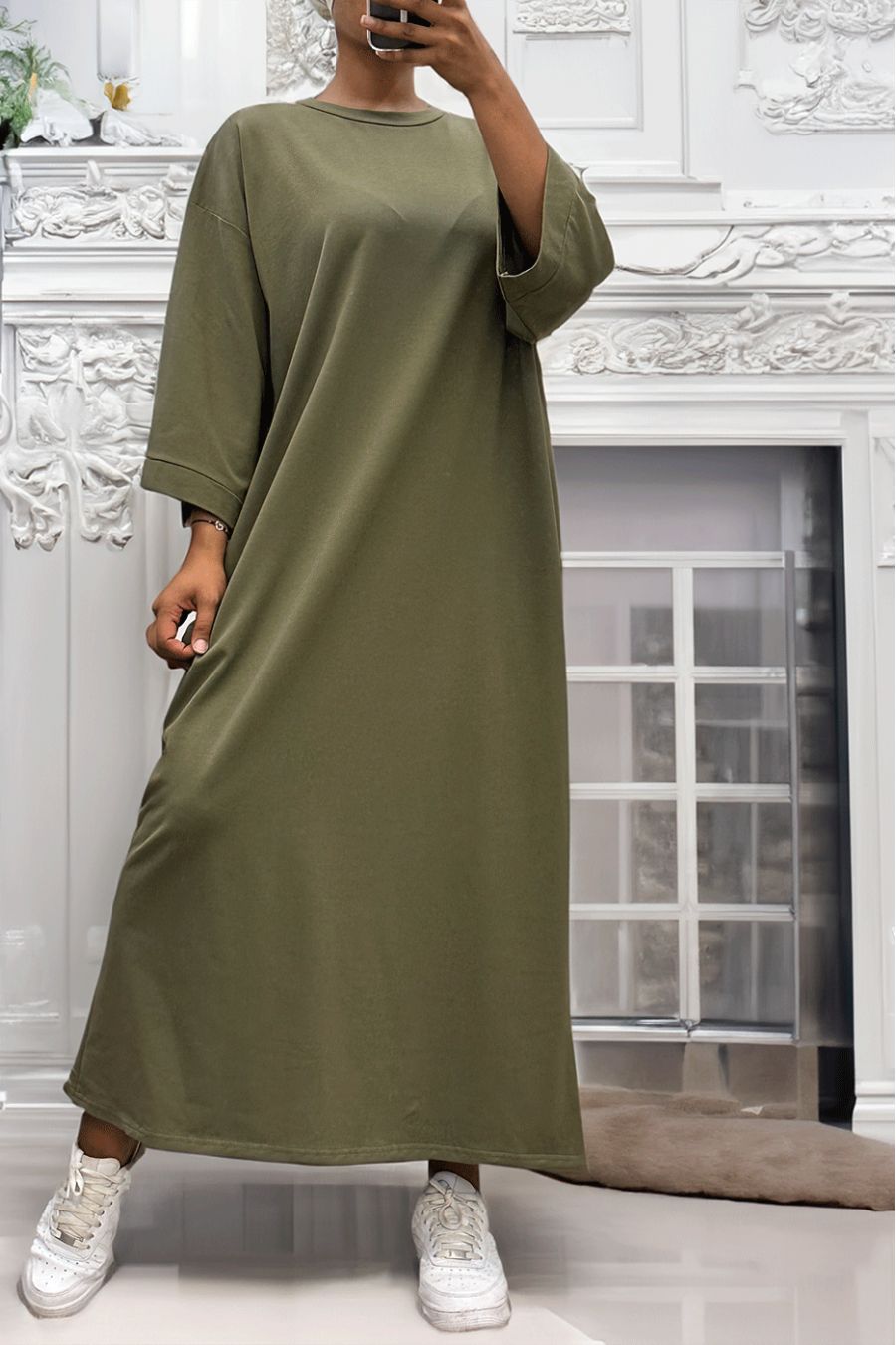 Lange oversize jurk van zeer dik kaki katoen - 4