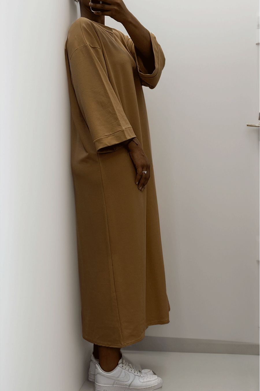 Long over size dress in very thick camel cotton - 1