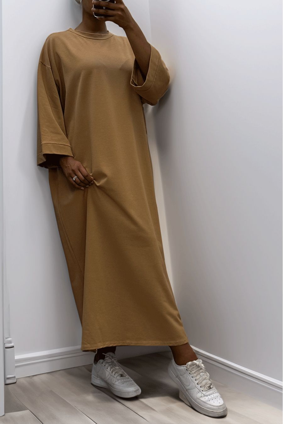 Long over size dress in very thick camel cotton - 2