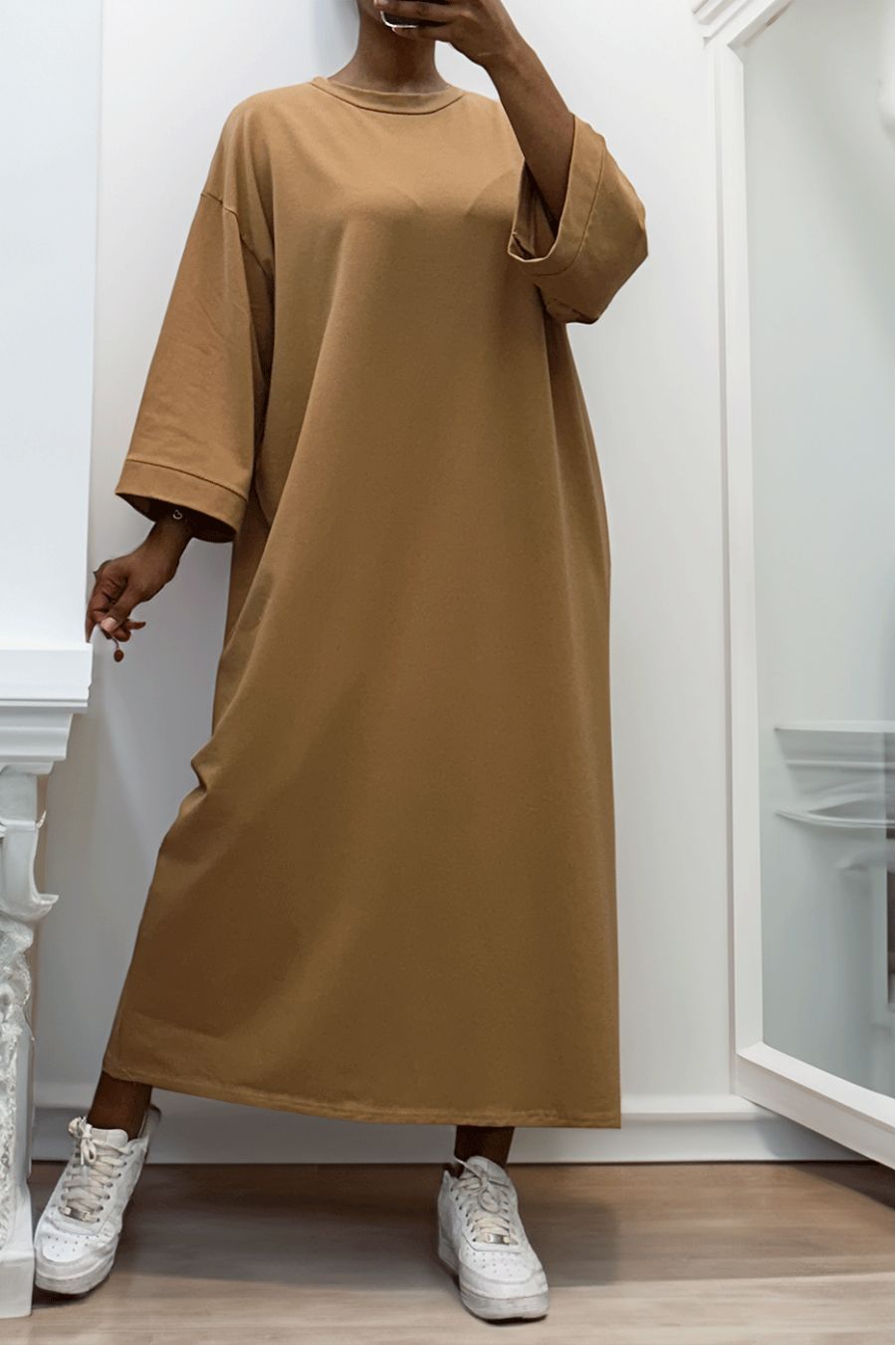 Longue robe over size en coton camel très épais - 3