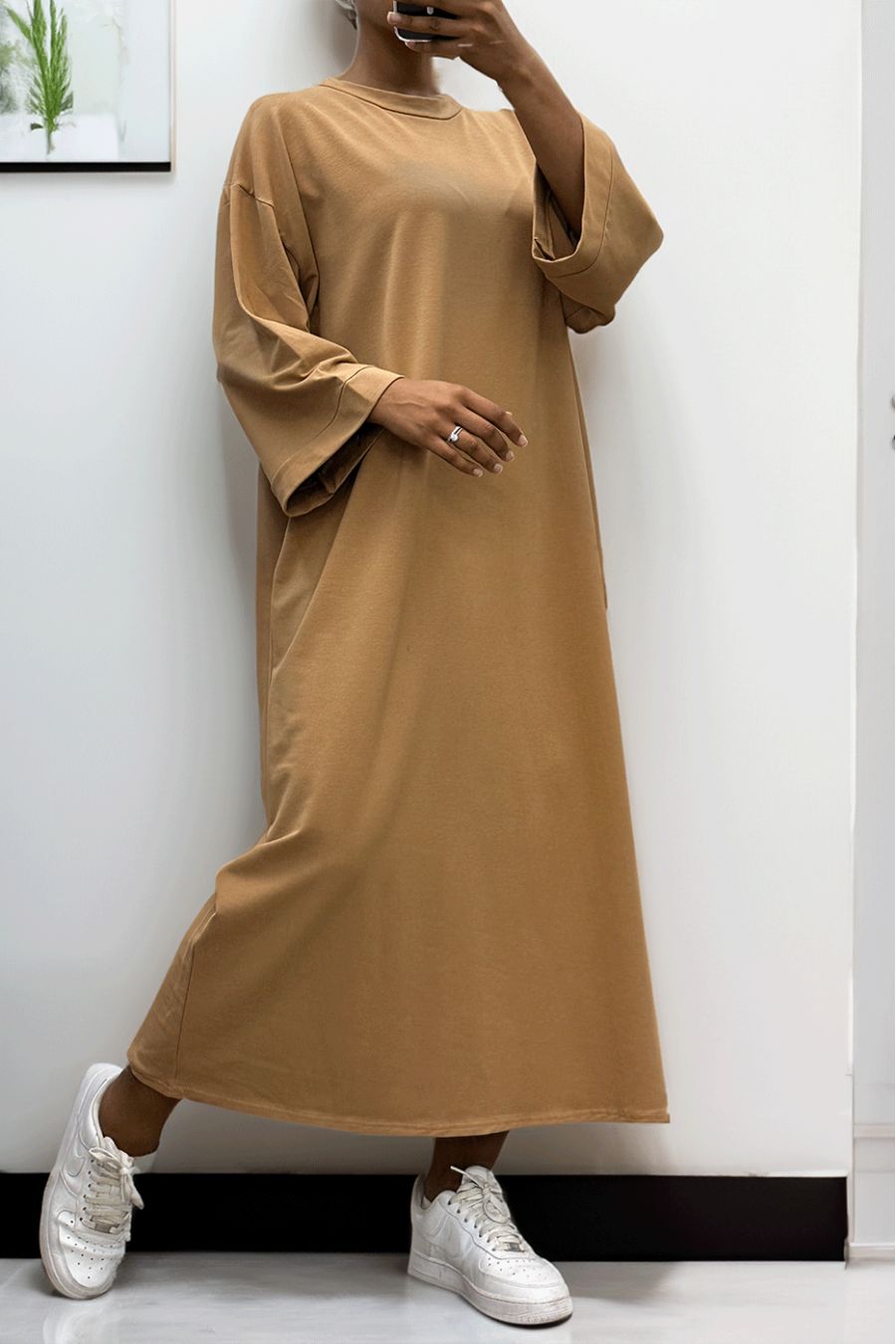 Lange oversize jurk van zeer dik camel katoen - 4