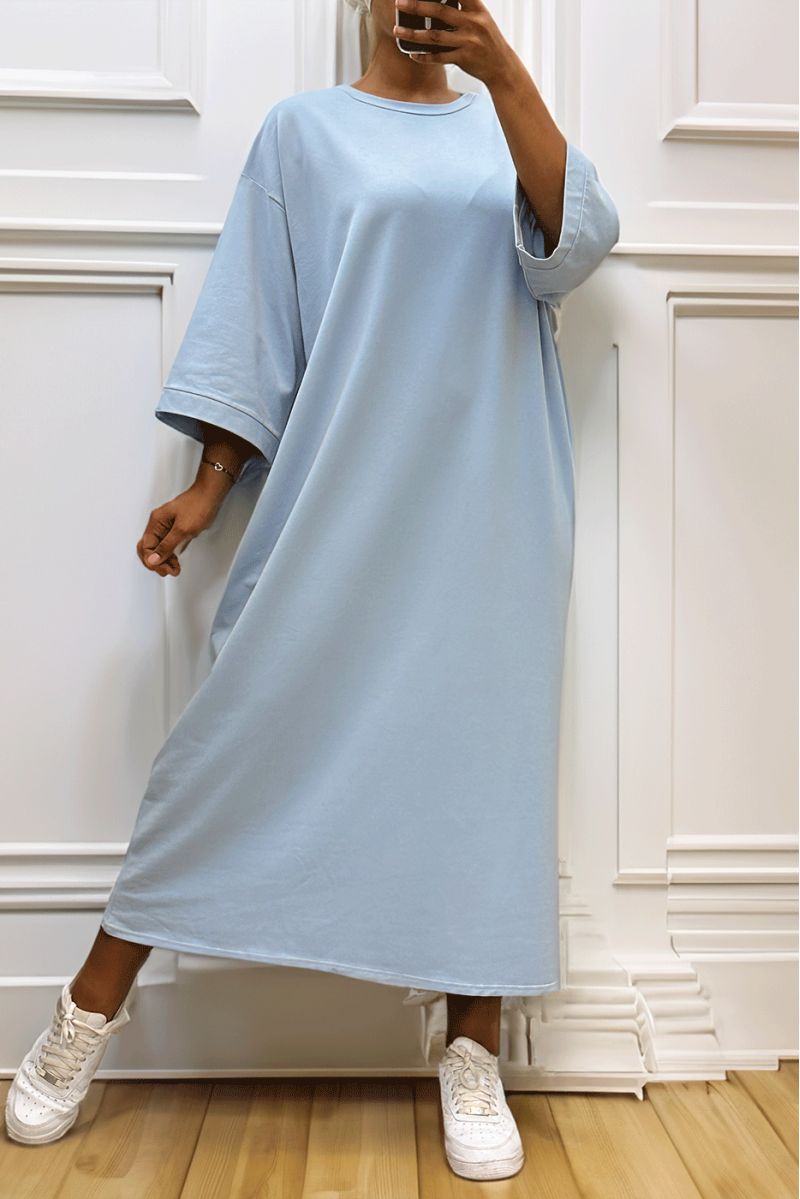Lange oversize jurk van zeer dik turquoise katoen - 5