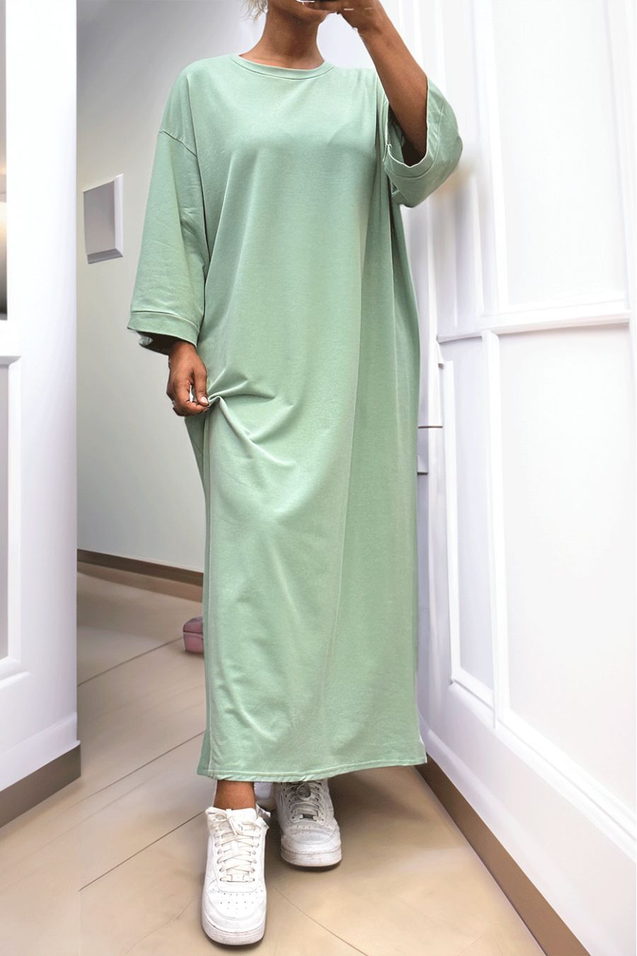 Longue robe over size en coton vert d'eau très épais - 1