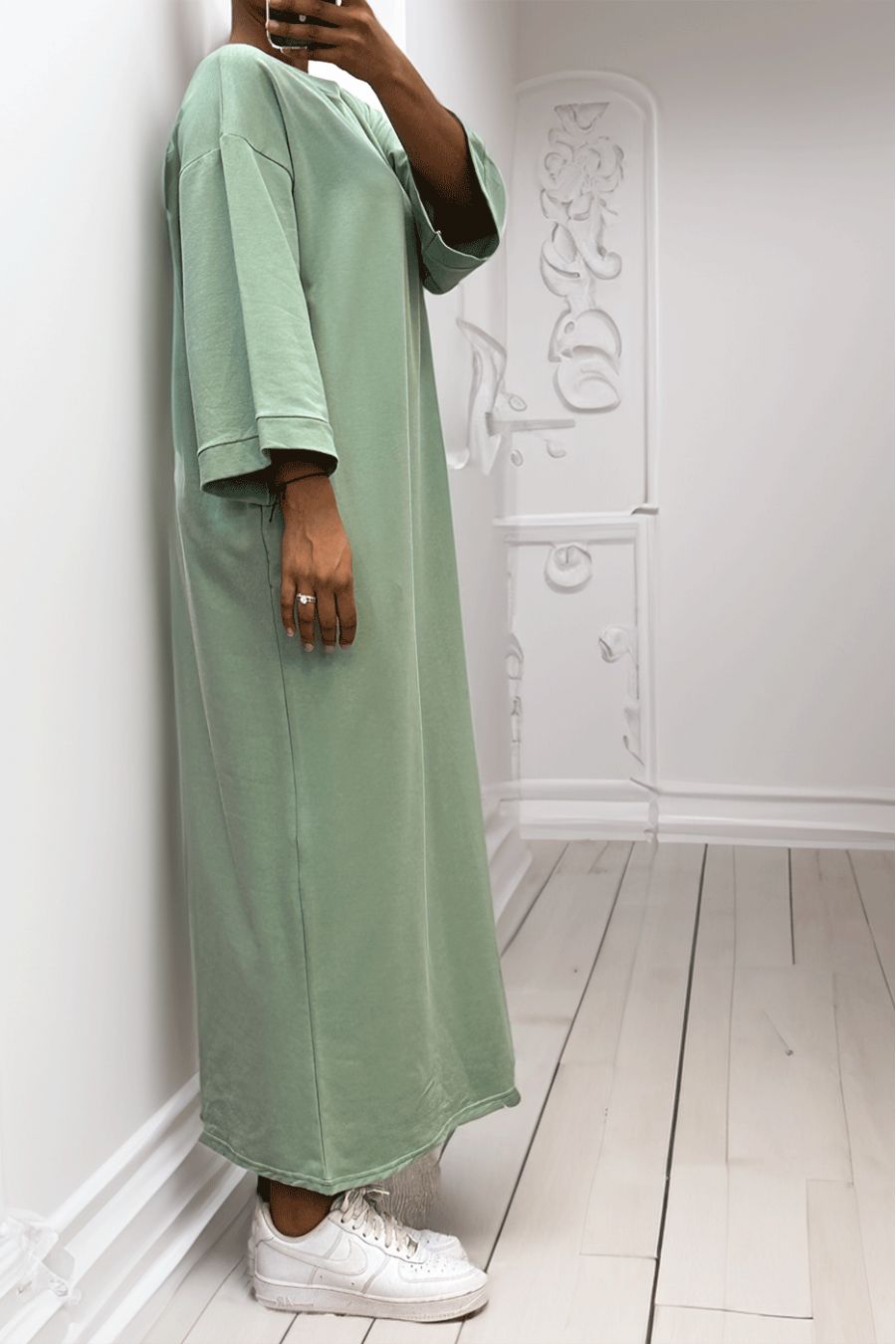 Long over size dress in very thick water green cotton - 2