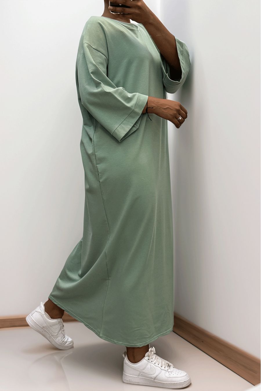 Longue robe over size en coton vert d'eau très épais - 3