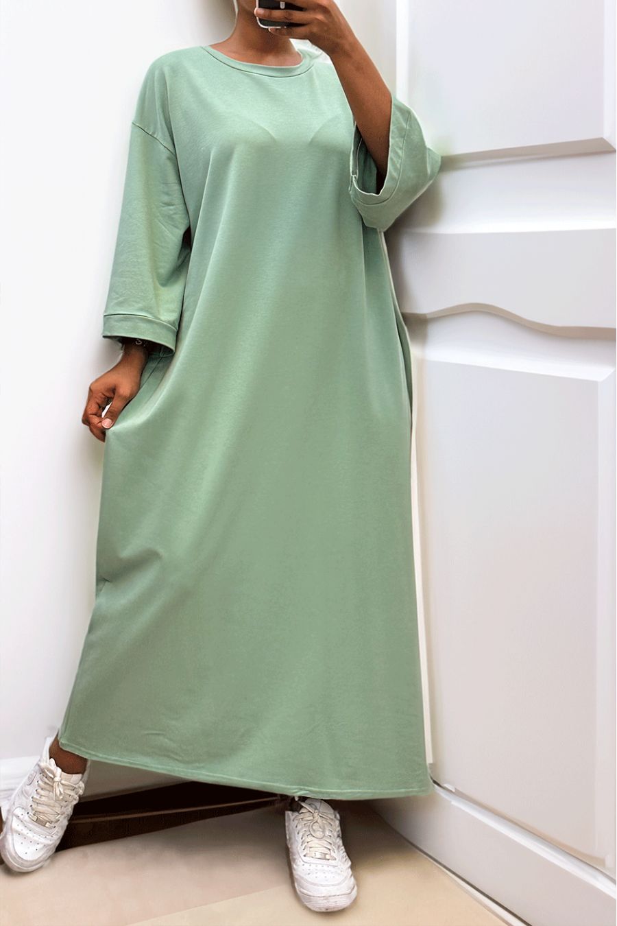 Long over size dress in very thick water green cotton - 4