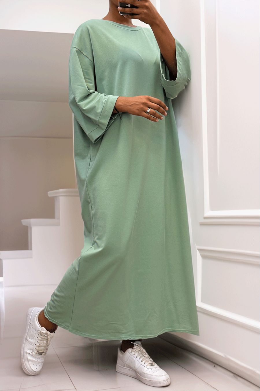 Longue robe over size en coton vert d'eau très épais - 5
