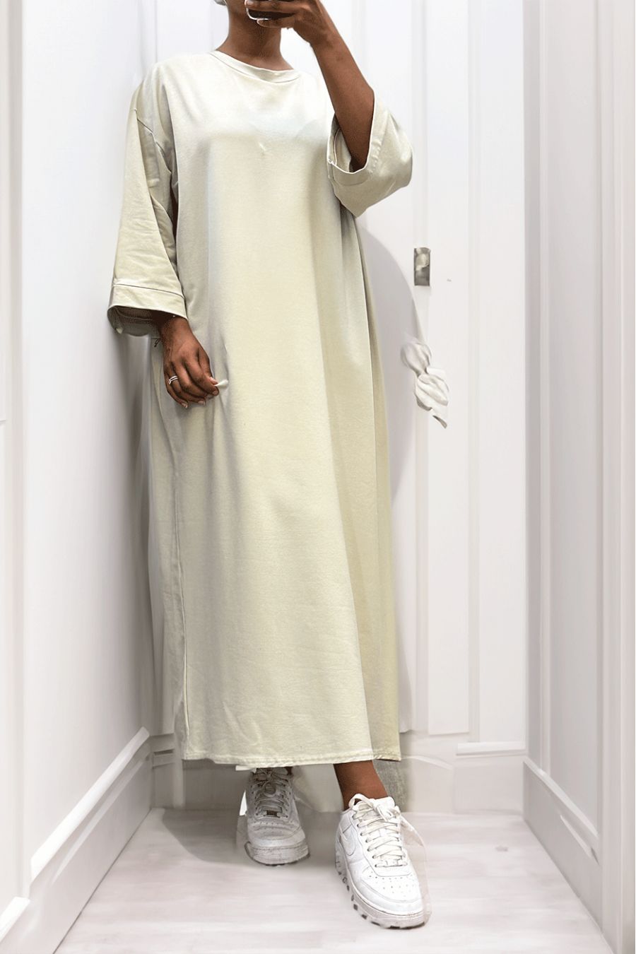 Long over size dress in very thick beige cotton - 1