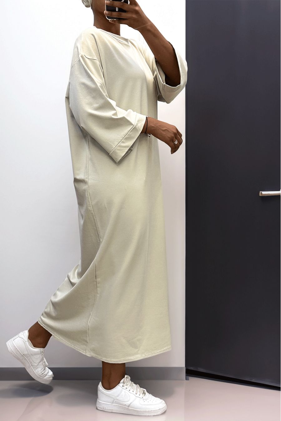 Long over size dress in very thick beige cotton - 3