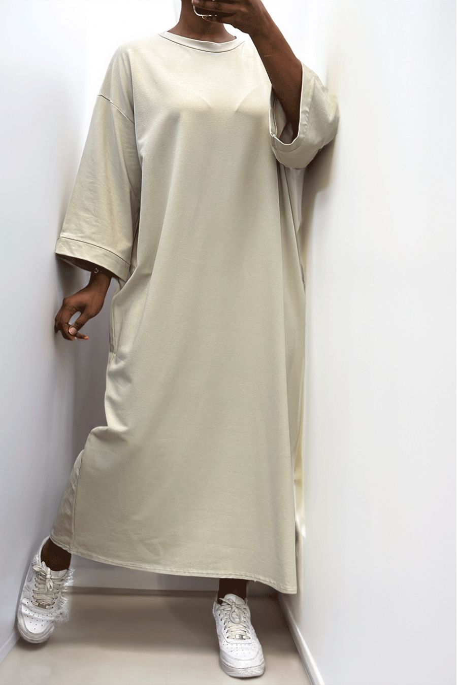 Lange oversize jurk van zeer dik beige katoen - 5
