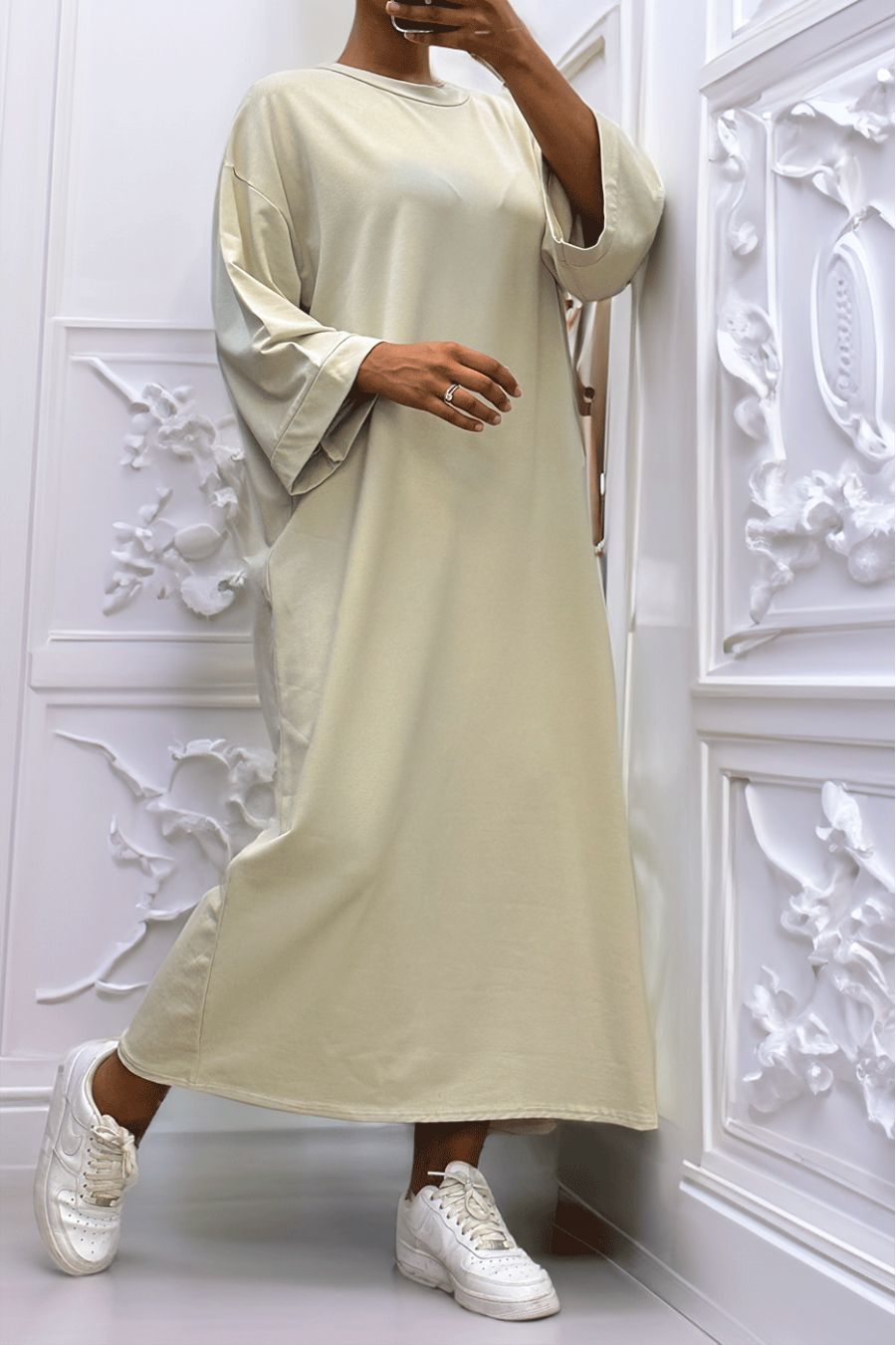 Lange oversize jurk van zeer dik beige katoen - 6