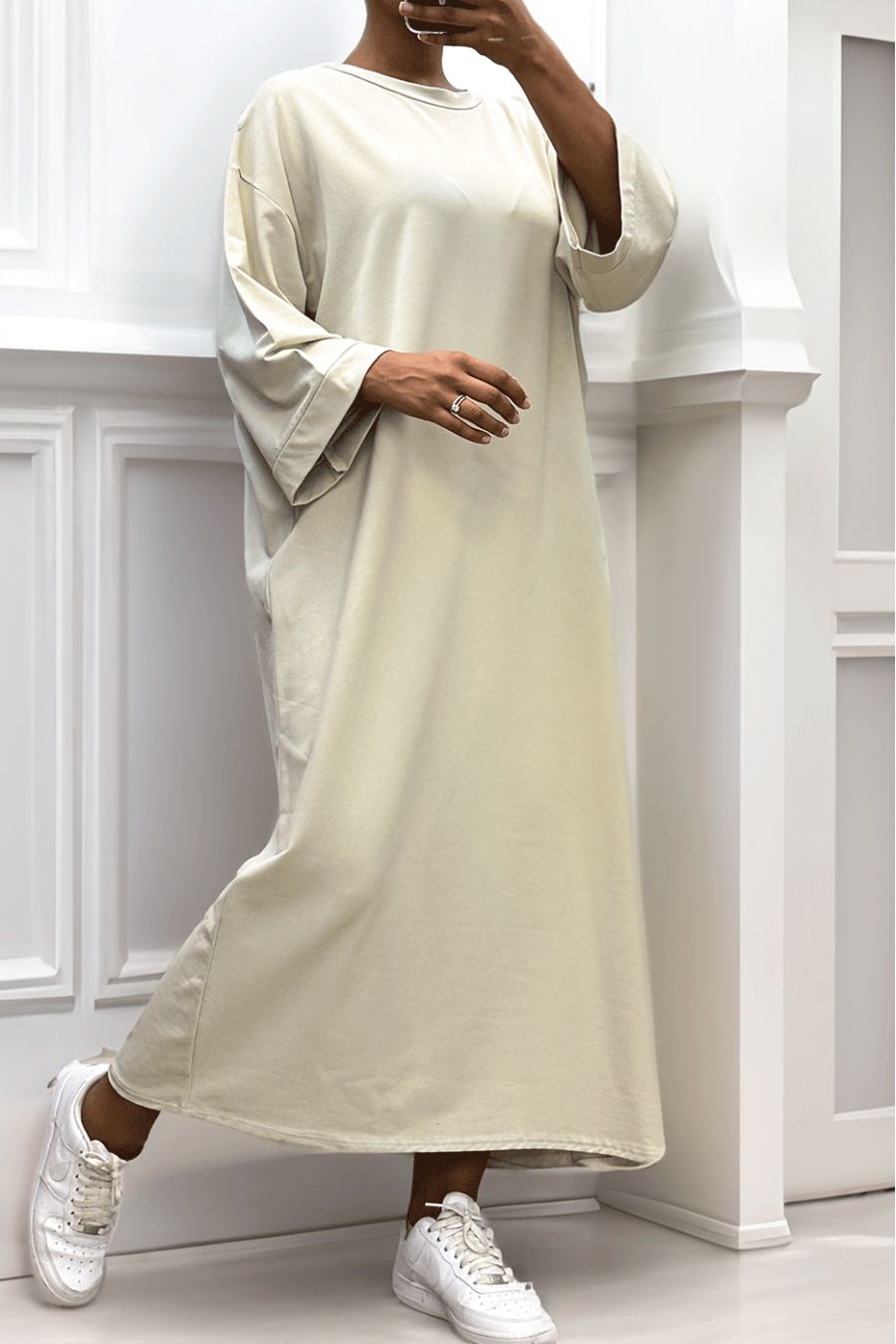 Lange oversize jurk van zeer dik beige katoen - 7