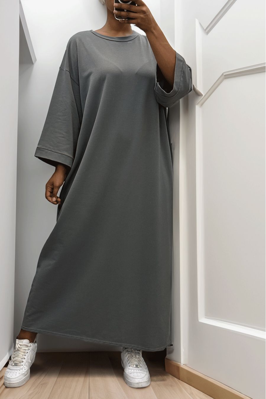 Longue robe over size en coton anthracite très épais - 4