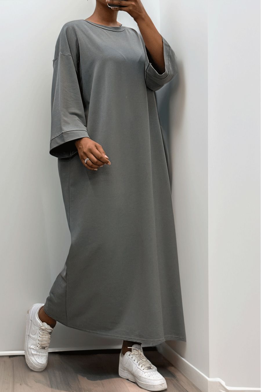 Longue robe over size en coton anthracite très épais - 6