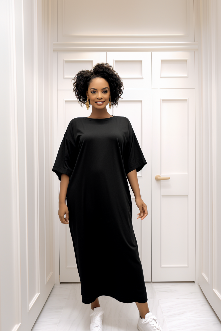 Long over size dress in very thick black cotton - 7