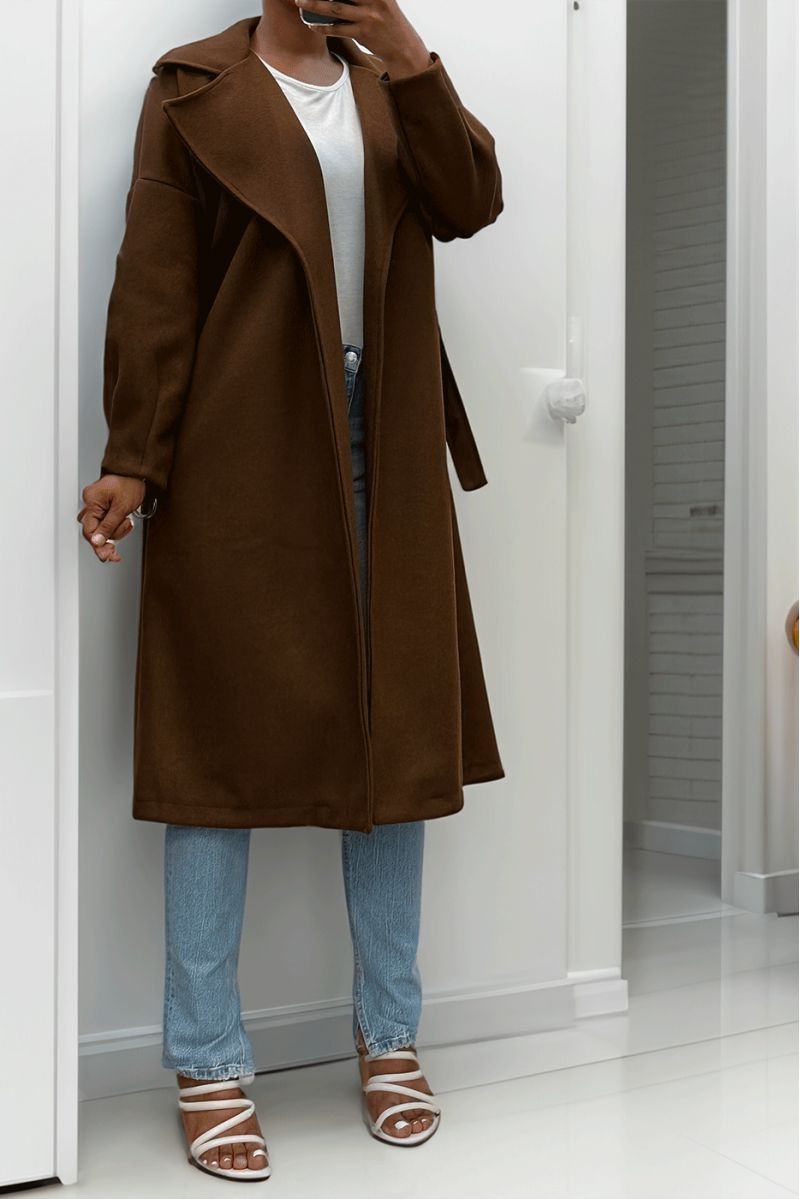 Lange bruine jas met riem en zakken - 1
