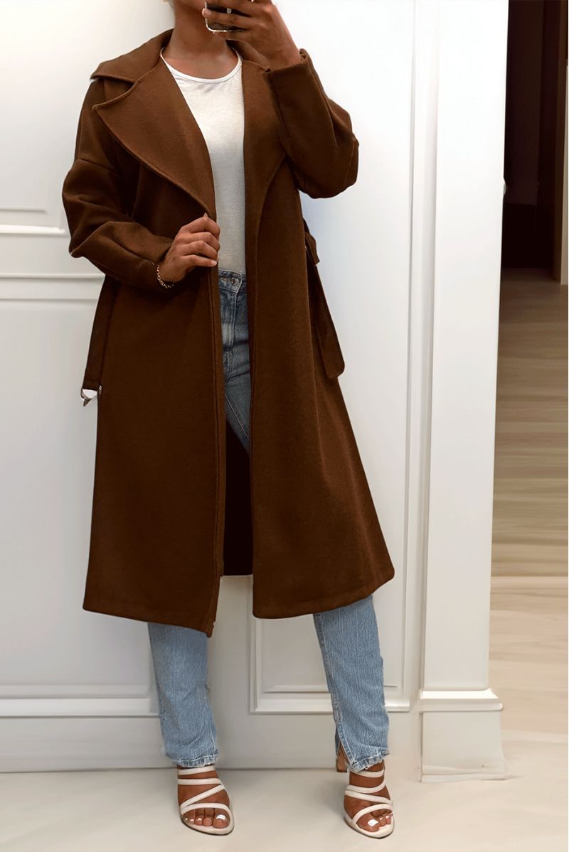 Lange bruine jas met riem en zakken - 2