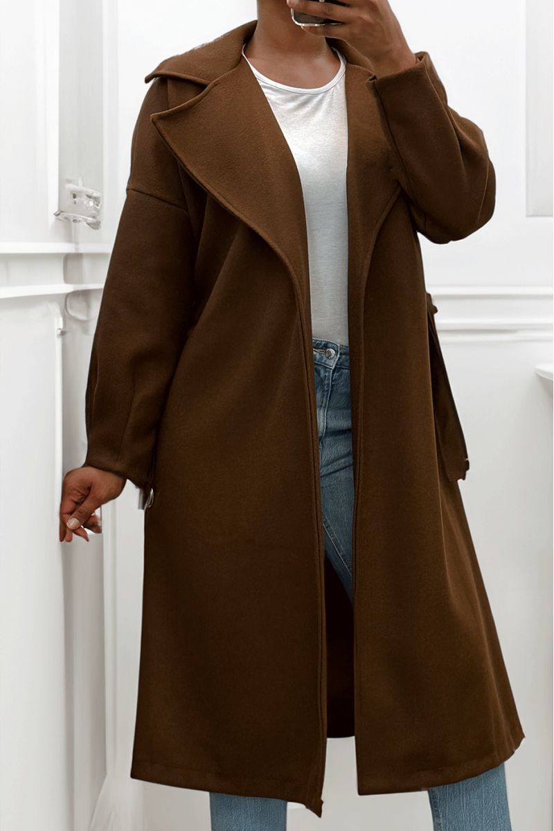 Lange bruine jas met riem en zakken - 3