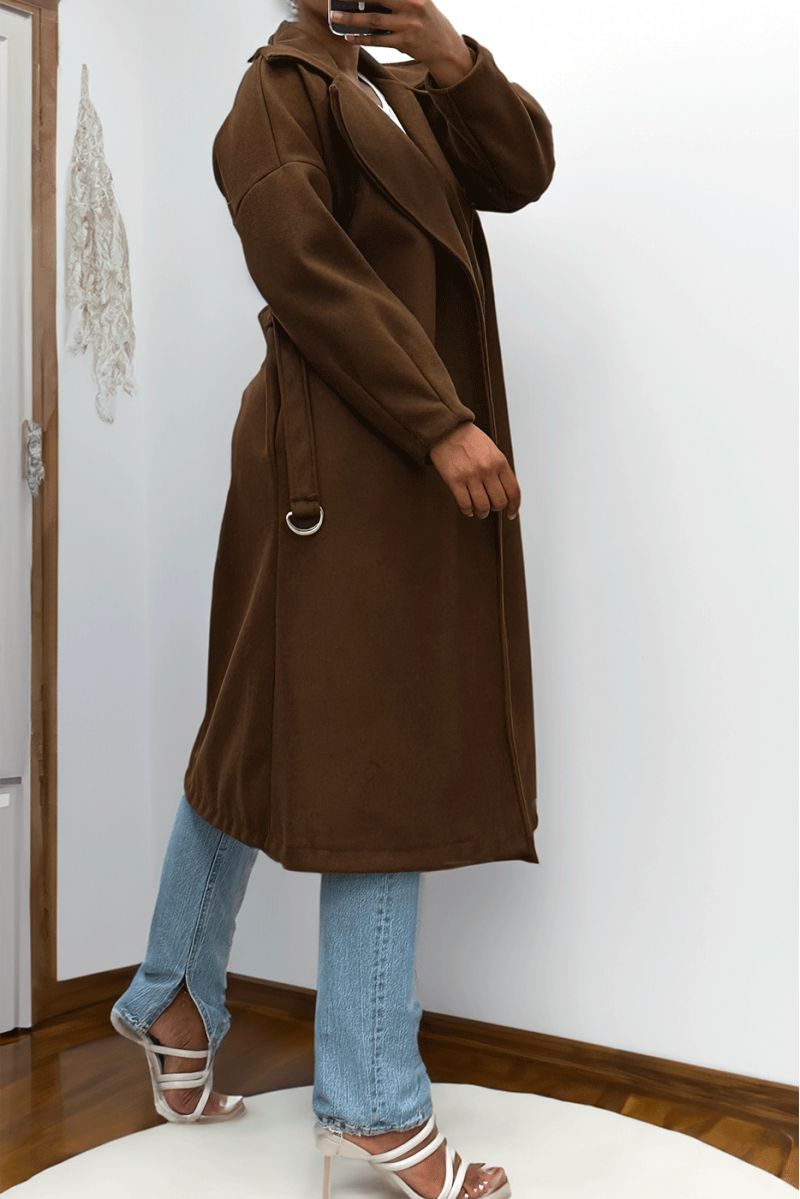 Lange bruine jas met riem en zakken - 4