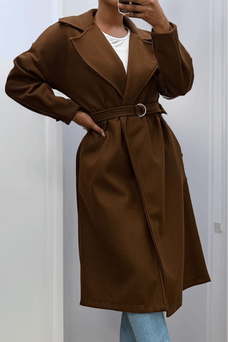 Lange bruine jas met riem en zakken - 5
