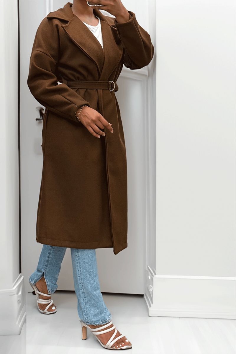 Lange bruine jas met riem en zakken - 6