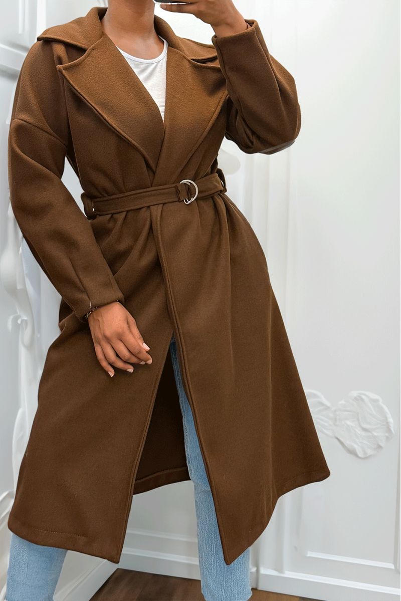 Lange bruine jas met riem en zakken - 7
