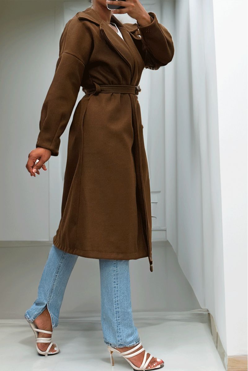 Lange bruine jas met riem en zakken - 8