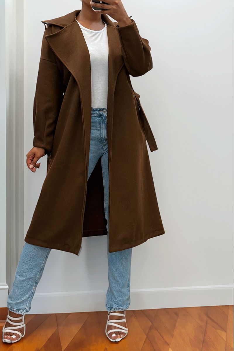Long manteau marron avec ceinture et poches - 9