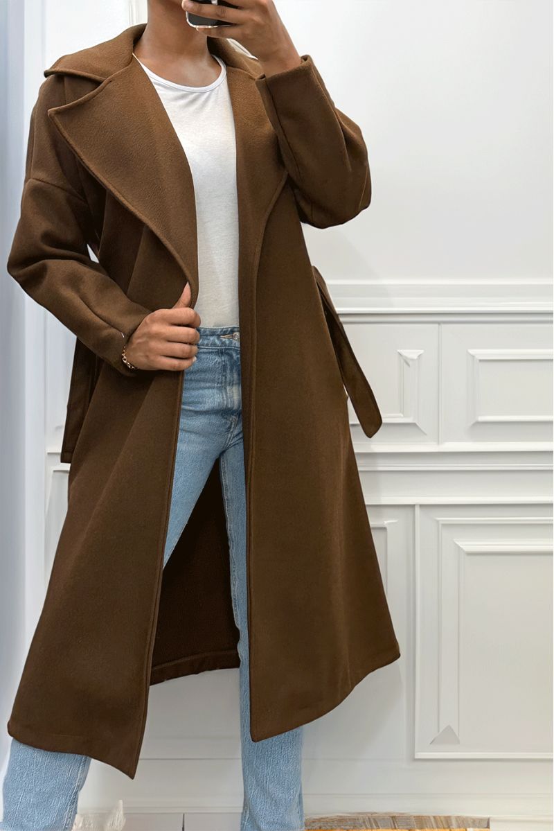 Lange bruine jas met riem en zakken - 10