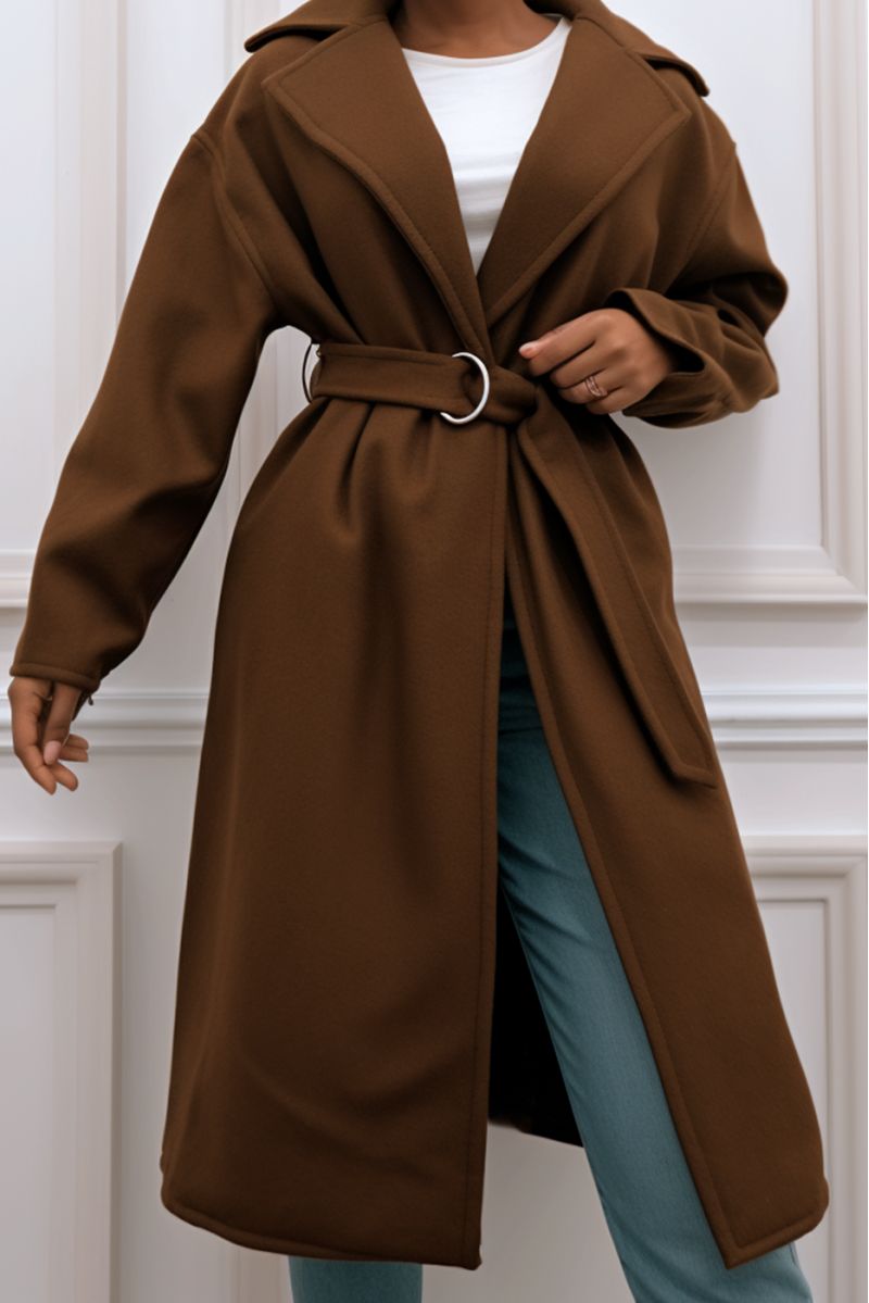 Lange bruine jas met riem en zakken - 11