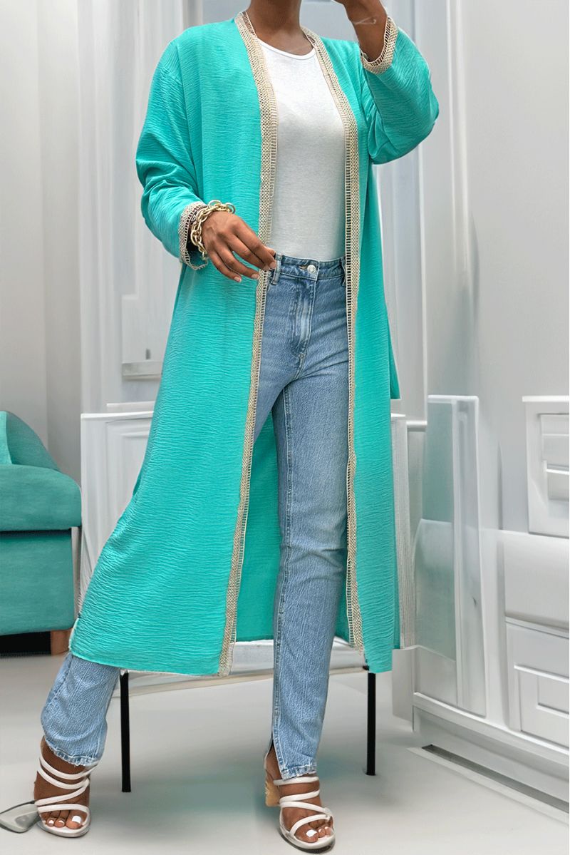 Sea green kimono with beige embroidered border and belt - 3