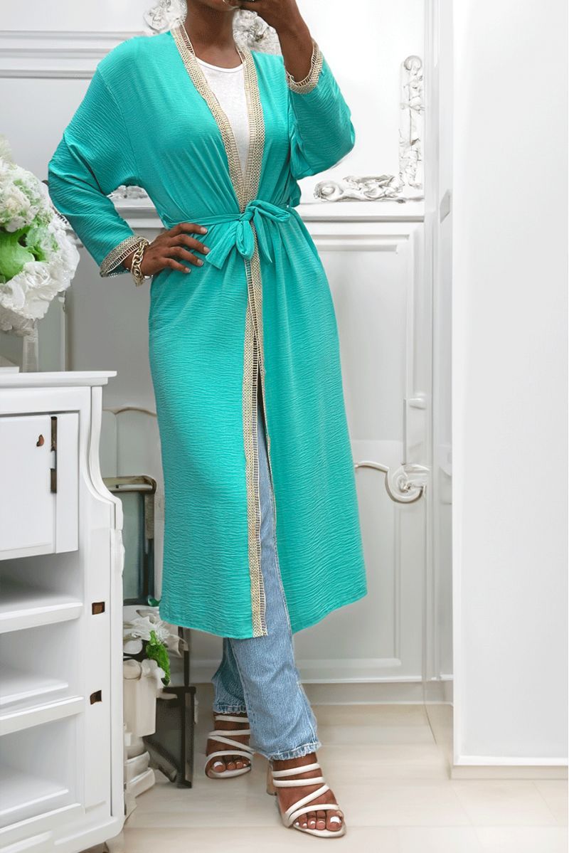 Sea green kimono with beige embroidered border and belt - 5