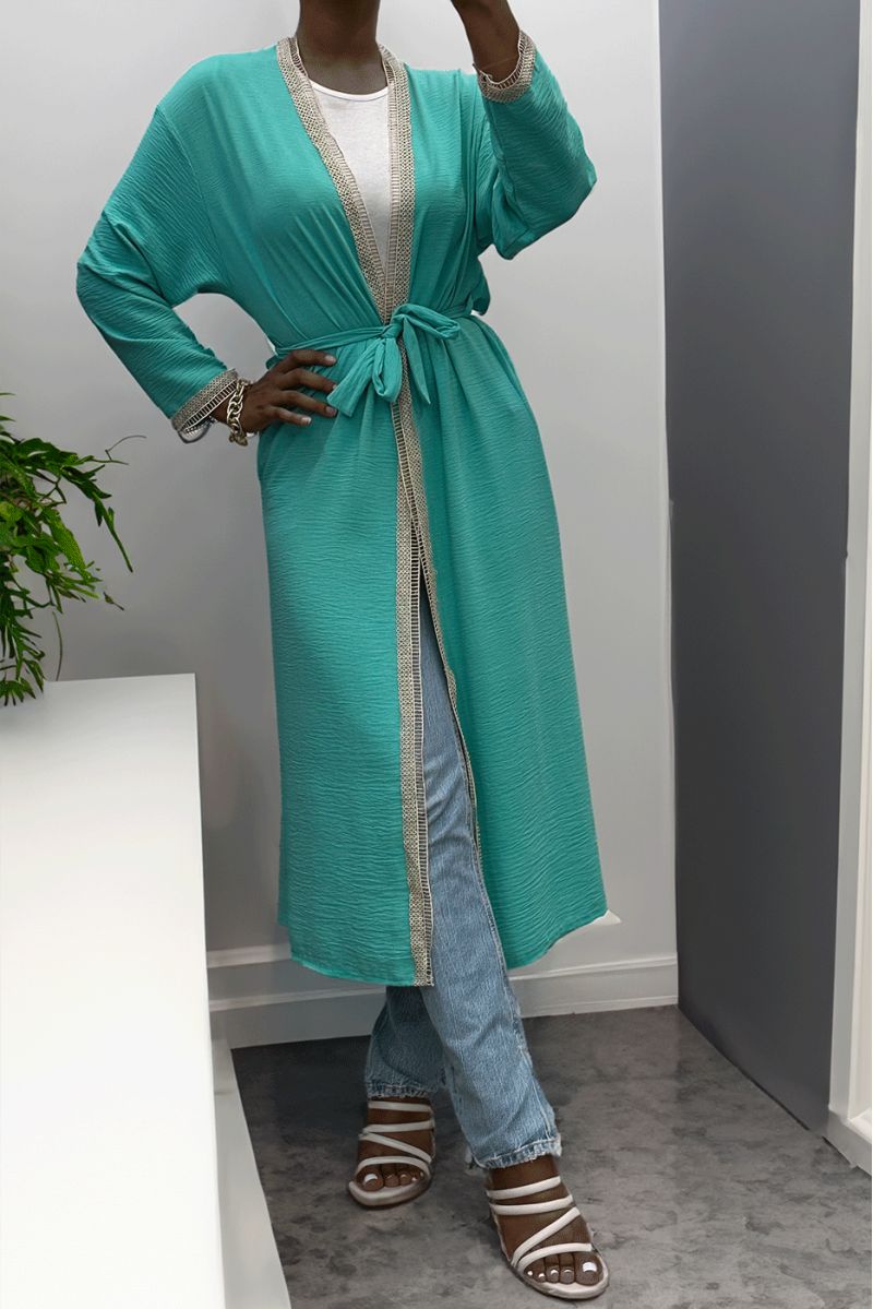 Kimono vert d'eau à bordure brodé beige et ceinture - 6