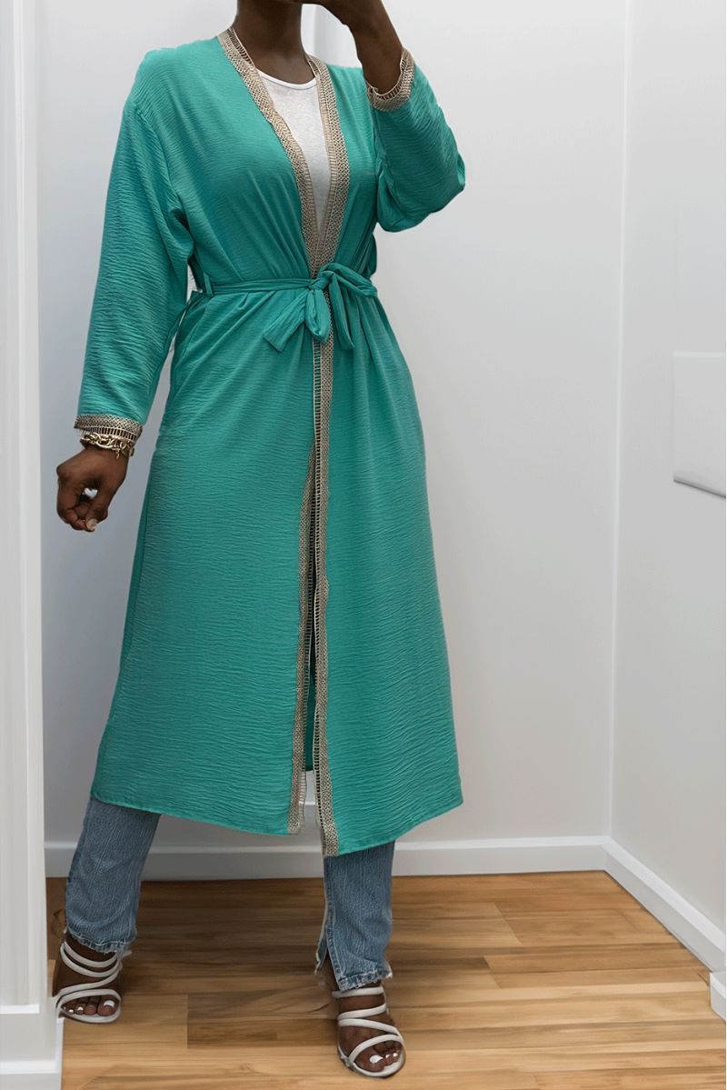 Sea green kimono with beige embroidered border and belt - 7