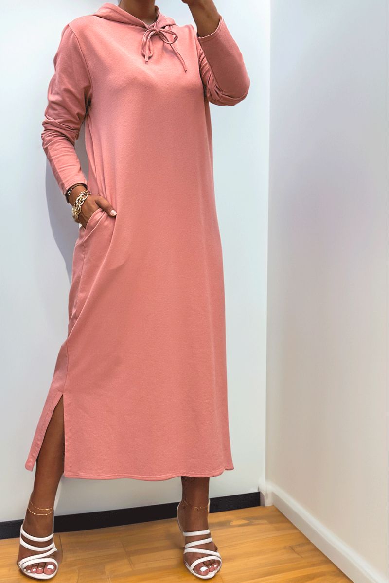 Long pink abaya sweatshirt dress with hood - 1