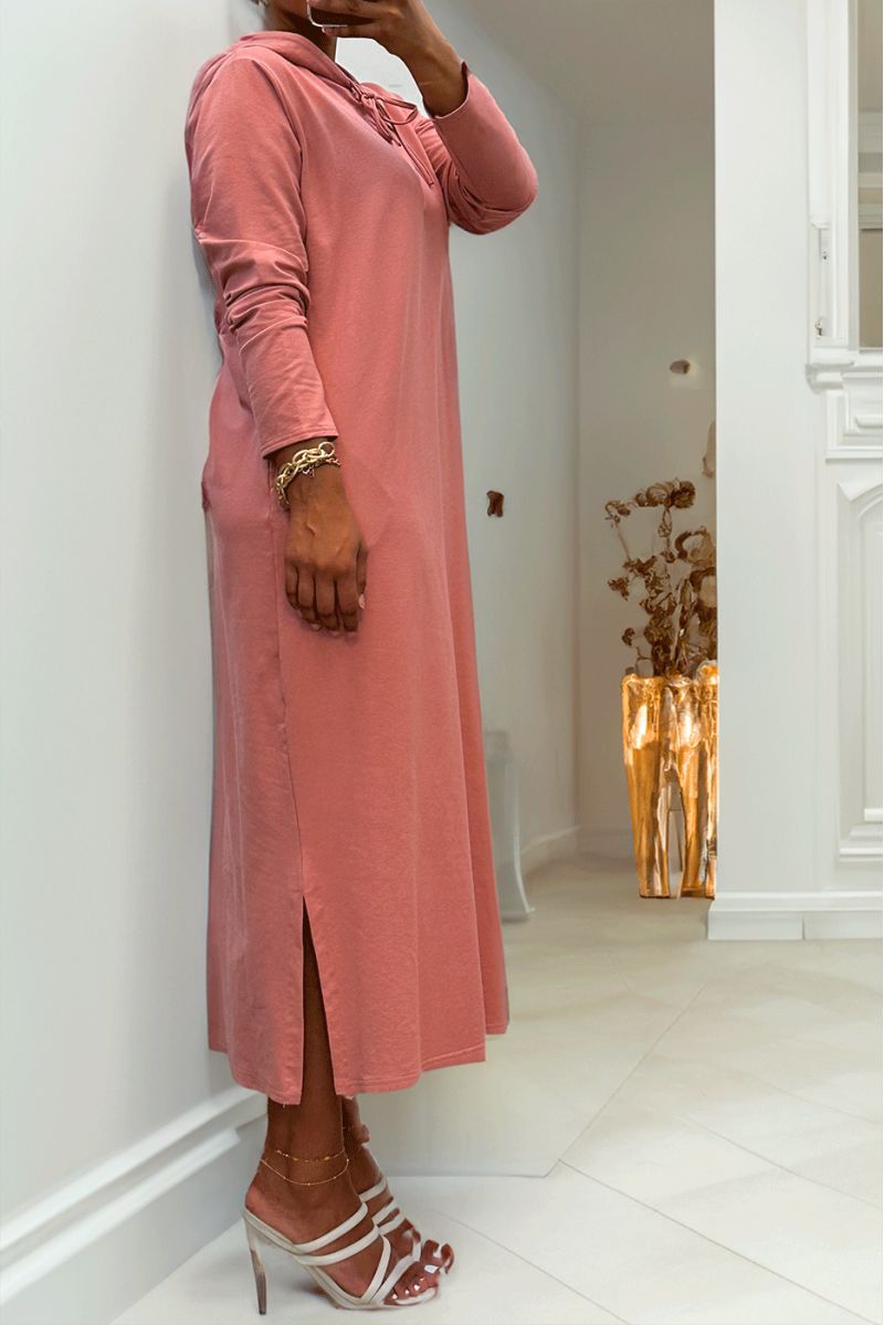 Longue robe sweat abaya rose à capuche - 3