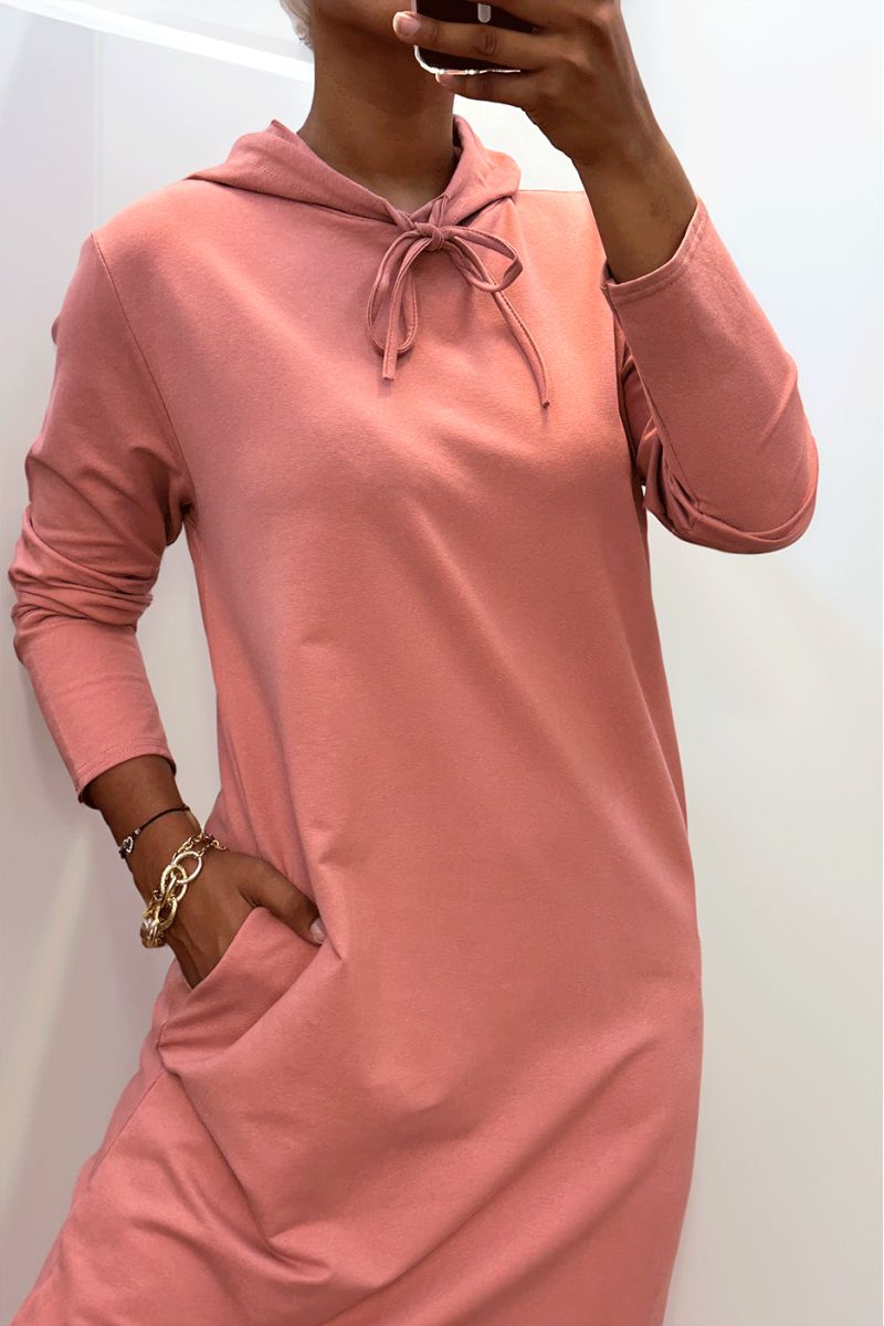 Longue robe sweat abaya rose à capuche - 5
