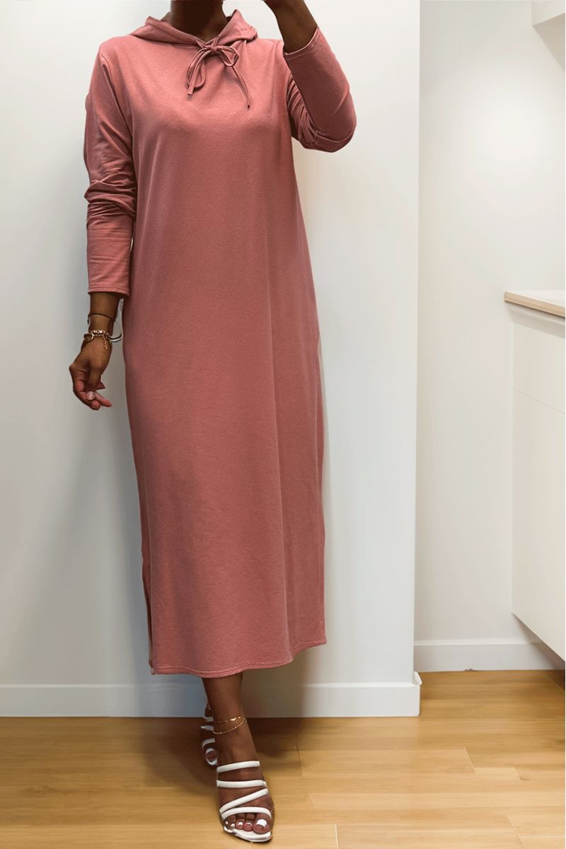 Longue robe sweat abaya rose à capuche - 6