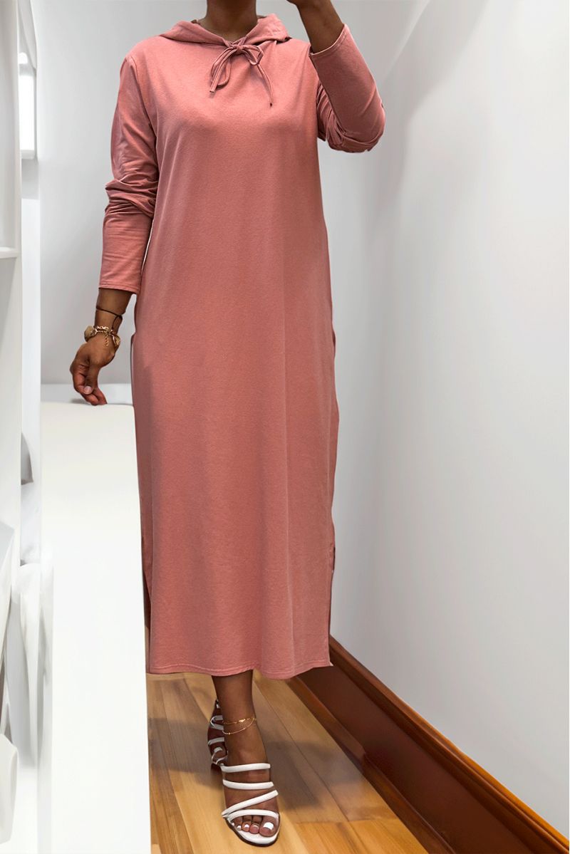 Longue robe sweat abaya rose à capuche - 7