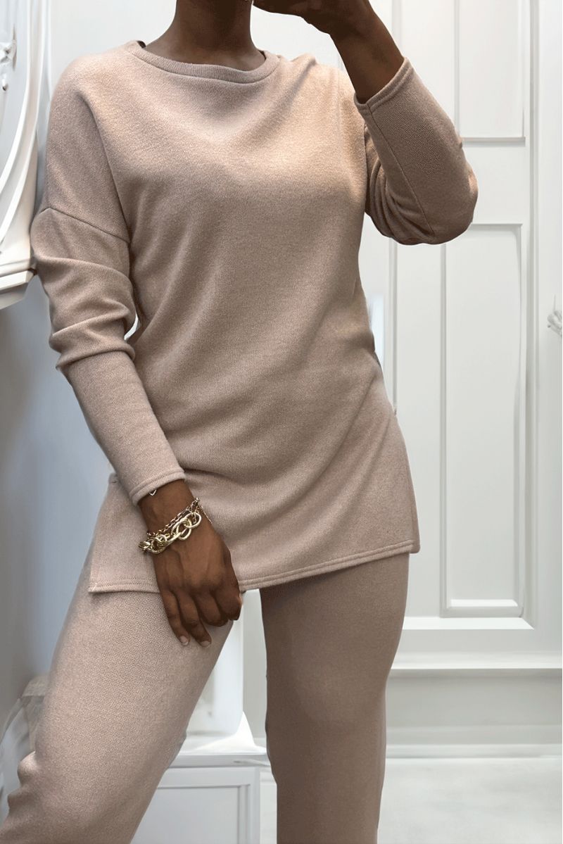 Taupe oversized turtleneck sweater and stretch rib knit jeggings set