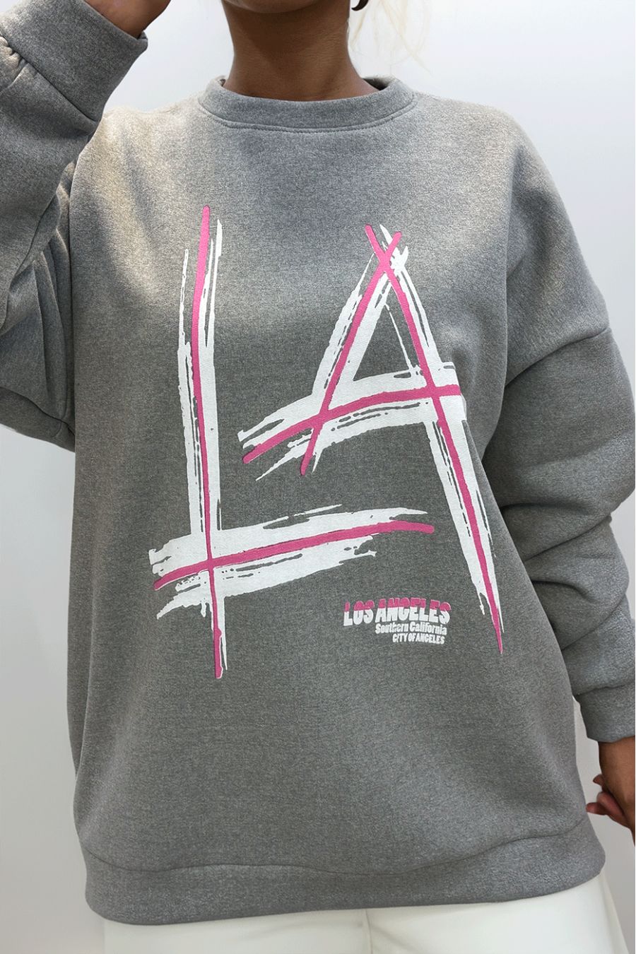 grijs oversized sweatshirt van fleece met LA LOS ANGELES-opschrift - 1