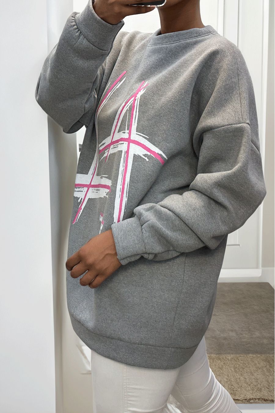 gray fleece oversize sweatshirt with LA LOS ANGELES writing - 4
